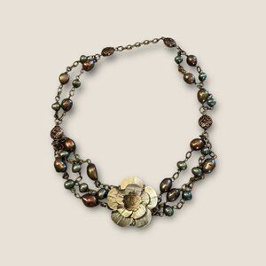 Freshwater Peacock Pearl Necklace With Floral Centerpiece & Antique Bronze